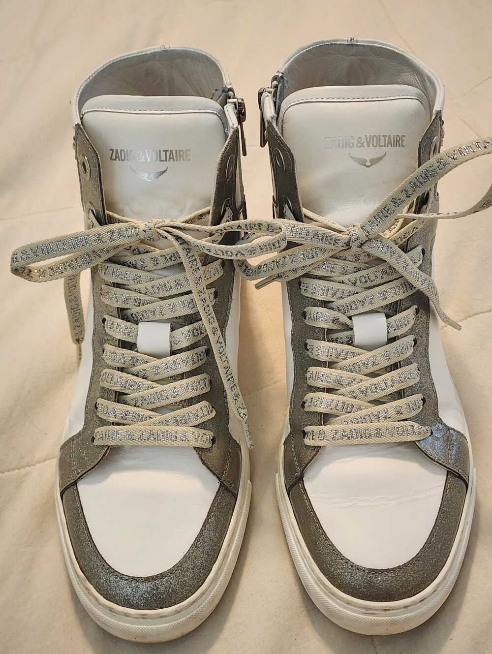 Zadig & Voltaire High-Top Leather Sneakers White/Silver Sz 40/US 9 Quiet Luxury